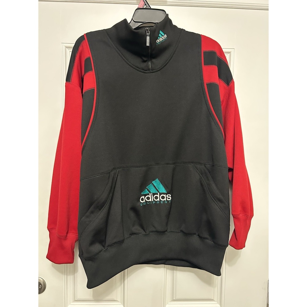 VTG 90s Adidas Equipment Sweatshirt XL Black Red Embroidered 1/4 Zip Pullover